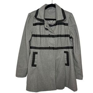 LOLA XL WOOL Blend Grey Coat Black Ribbon Detail Snap Front Peacoat Ribbon